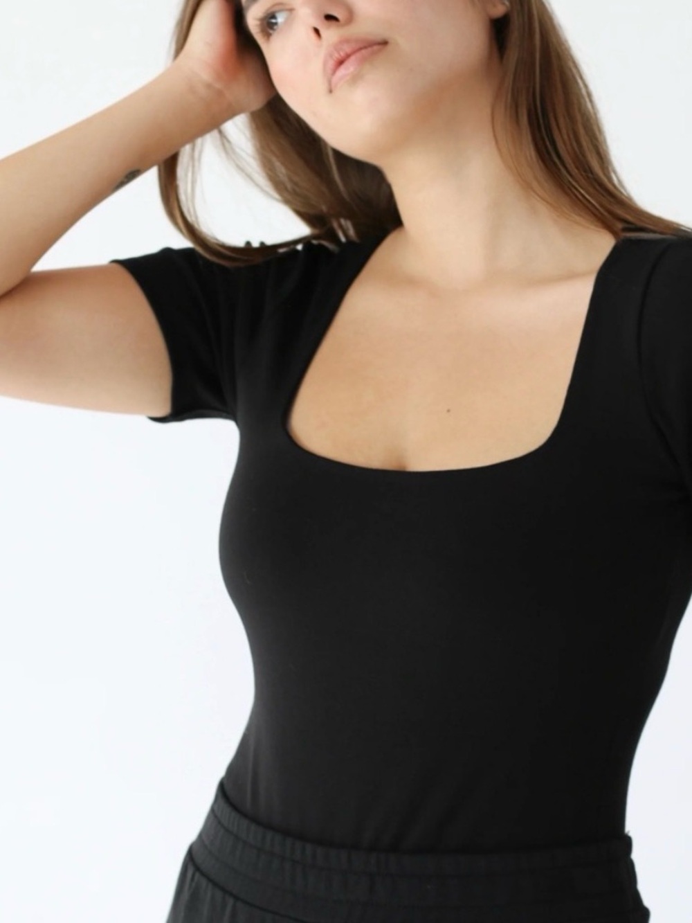 Oak + Fort Oak Refined Black Short Sleeve Bodysuit Capsule Wardrobe Minimalist